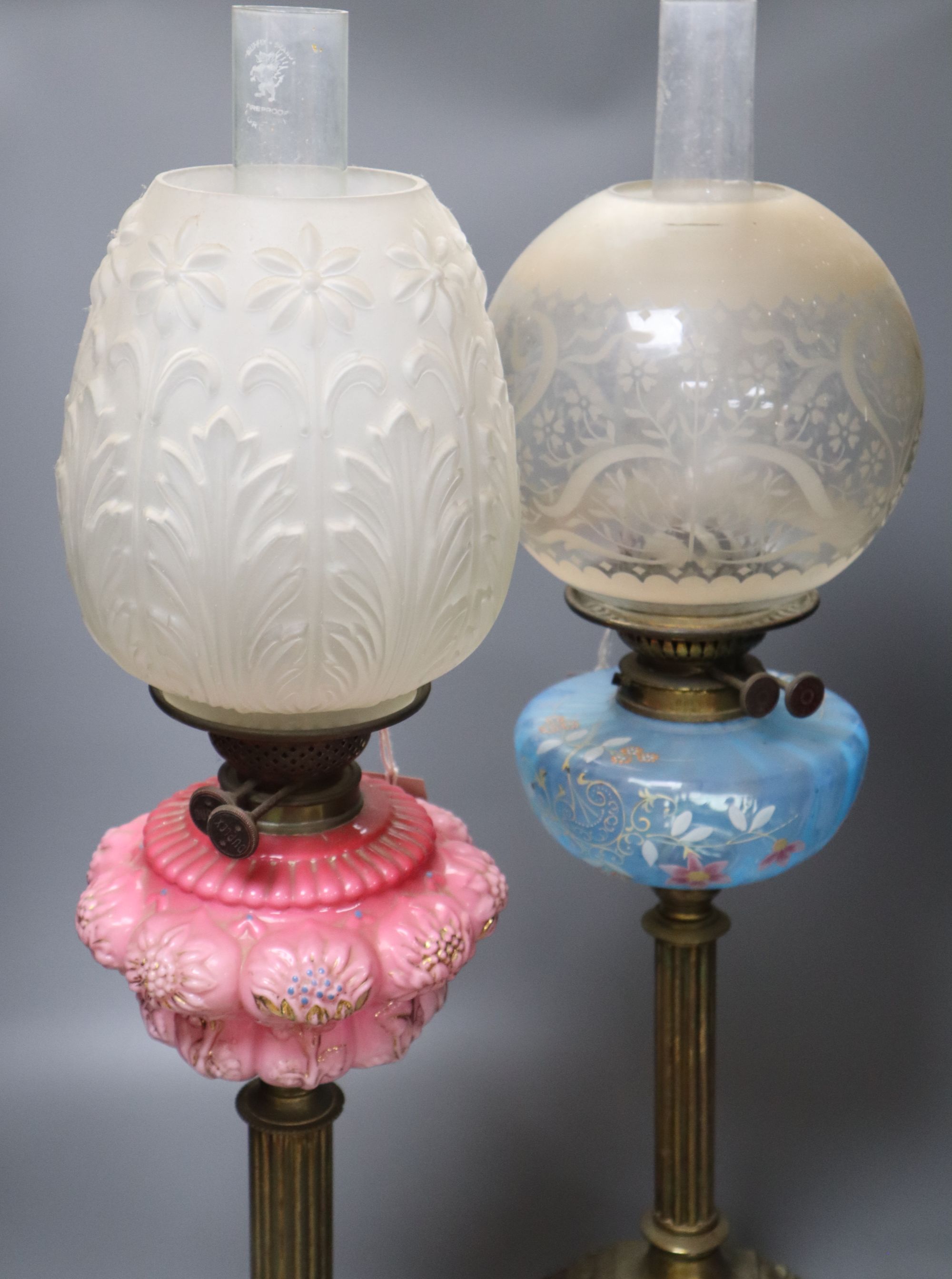 Two 19th century oil lamps, tallest 68cm including funnel